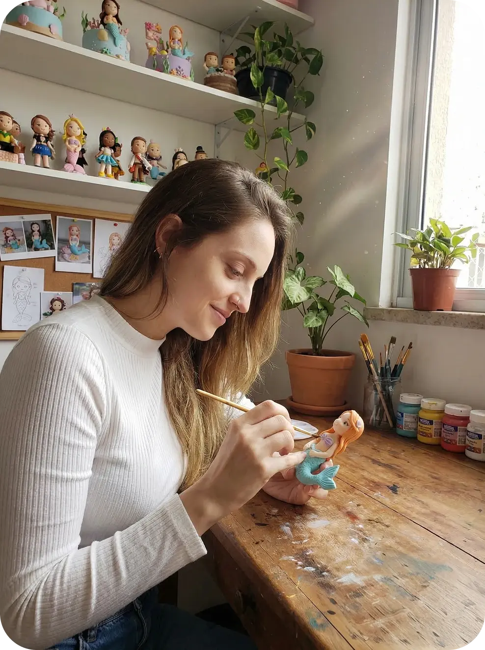 Escultora trabalhando em seu atelier, pintando detalhes em uma escultura comemorativa