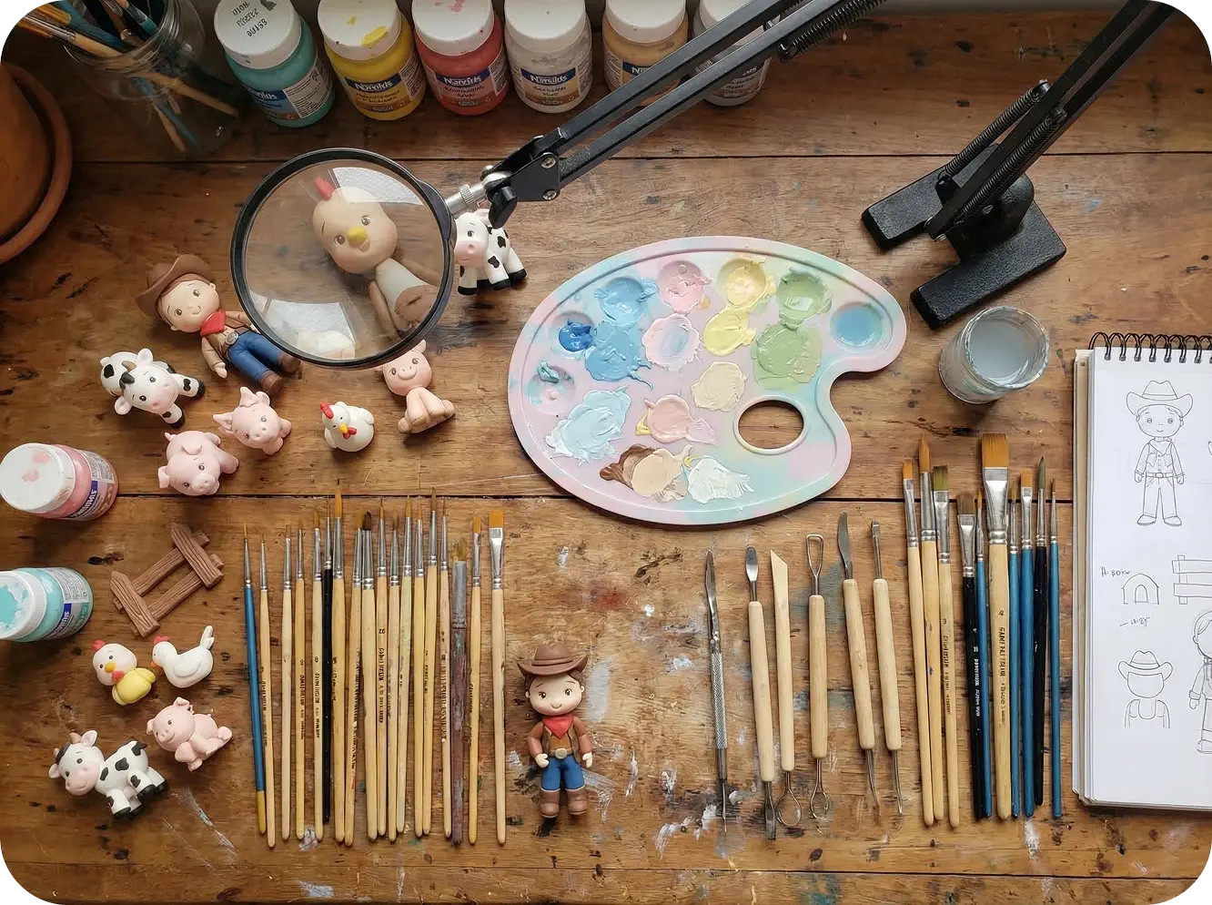 Ferramentas artesanais organizadas: pincéis, ferramentas de escultura e paleta de cores